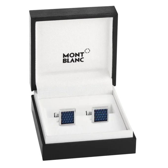 Cufflinks, rectangular in stainless steel with blue patterned inlay