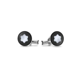 Cufflinks, round in stainless steel with black PVD inlay and mother-of-pearl snowcap emblem