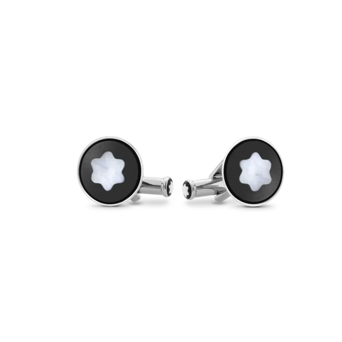 Cufflinks, round in stainless steel with black PVD inlay and mother-of-pearl snowcap emblem