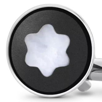 Cufflinks, round in stainless steel with black PVD inlay and mother-of-pearl snowcap emblem