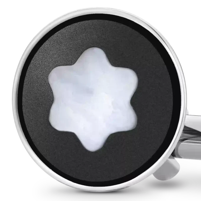 Cufflinks, round in stainless steel with black PVD inlay and mother-of-pearl snowcap emblem