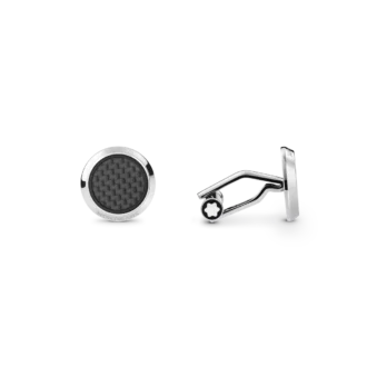 Cufflinks, round in stainless steel with carbon-patterned inlay