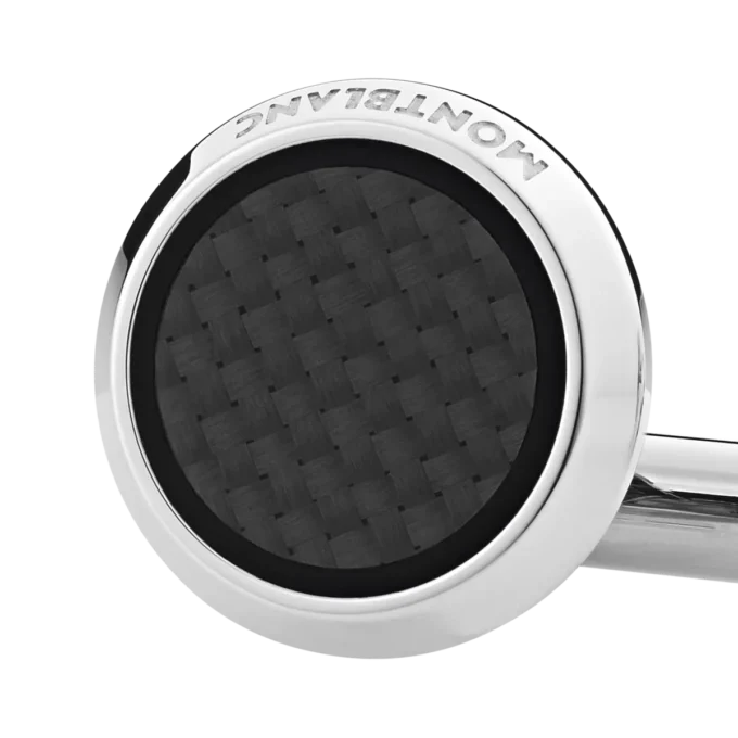Cufflinks, round in stainless steel with carbon-patterned inlay
