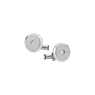 Cufflinks, round in stainless steel with exploding star pattern and mother-of-pearl snowcap emblem