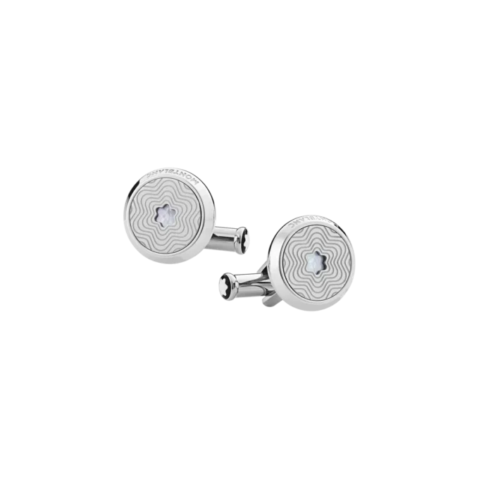 Cufflinks, round in stainless steel with exploding star pattern and mother-of-pearl snowcap emblem