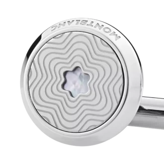 Cufflinks, round in stainless steel with exploding star pattern and mother-of-pearl snowcap emblem
