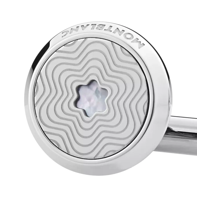 Cufflinks, round in stainless steel with exploding star pattern and mother-of-pearl snowcap emblem