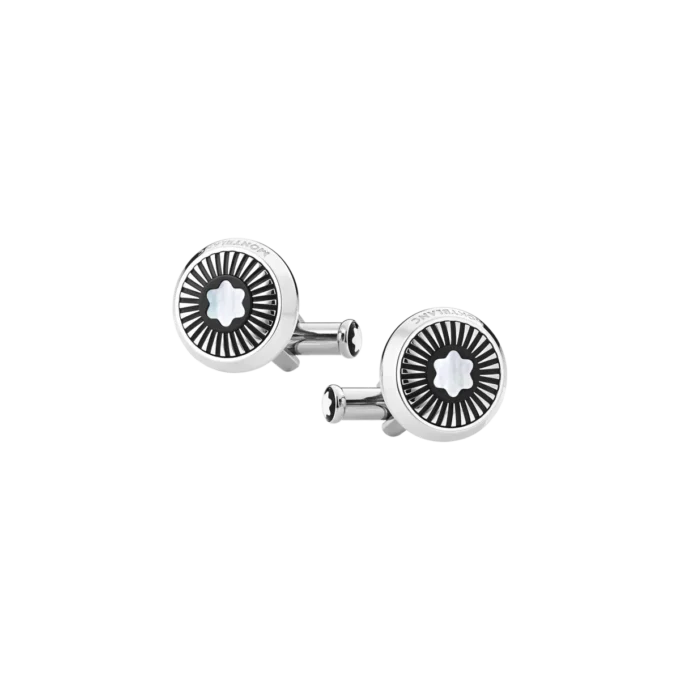 Cufflinks, round in stainless steel with ray pattern and mother-of-pearl snowcap emblem