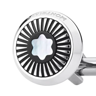 Cufflinks, round in stainless steel with ray pattern and mother-of-pearl snowcap emblem