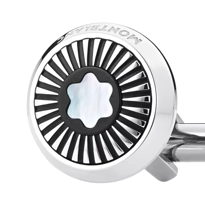 Cufflinks, round in stainless steel with ray pattern and mother-of-pearl snowcap emblem