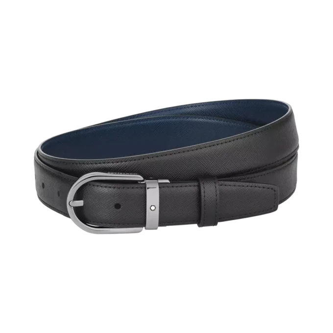 Horseshoe buckle black/blue 30 mm reversible leather belt