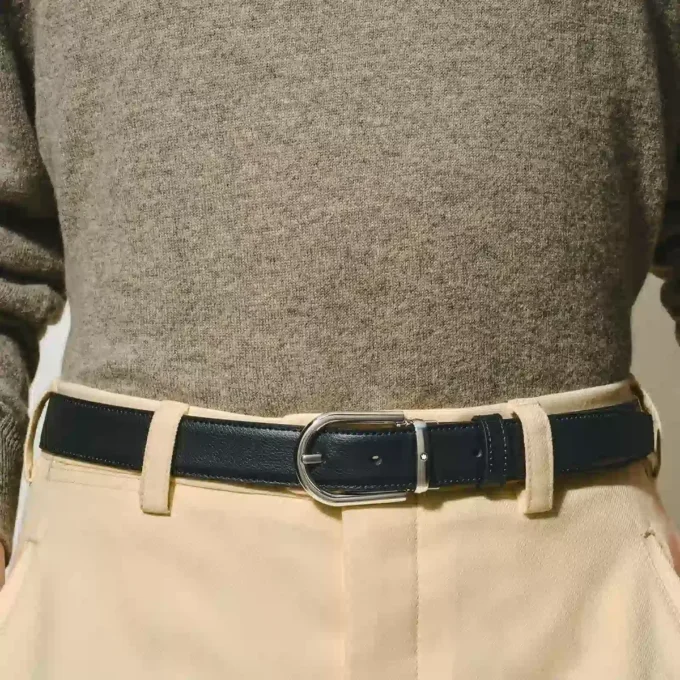 Horseshoe buckle black/blue 30 mm reversible leather belt