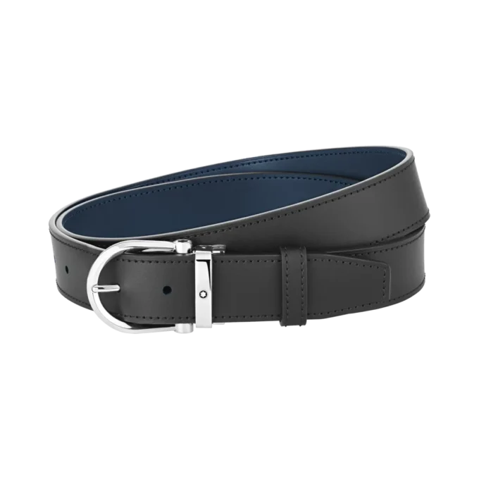 Horseshoe buckle black/blue 35 mm reversible leather belt