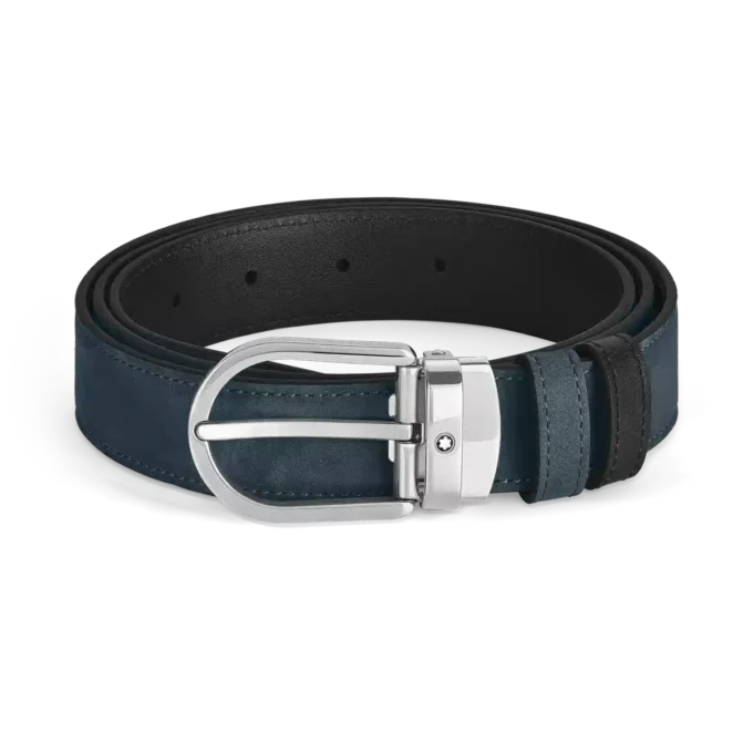 Horseshoe buckle velvet blue/black 30mm reversible leather belt