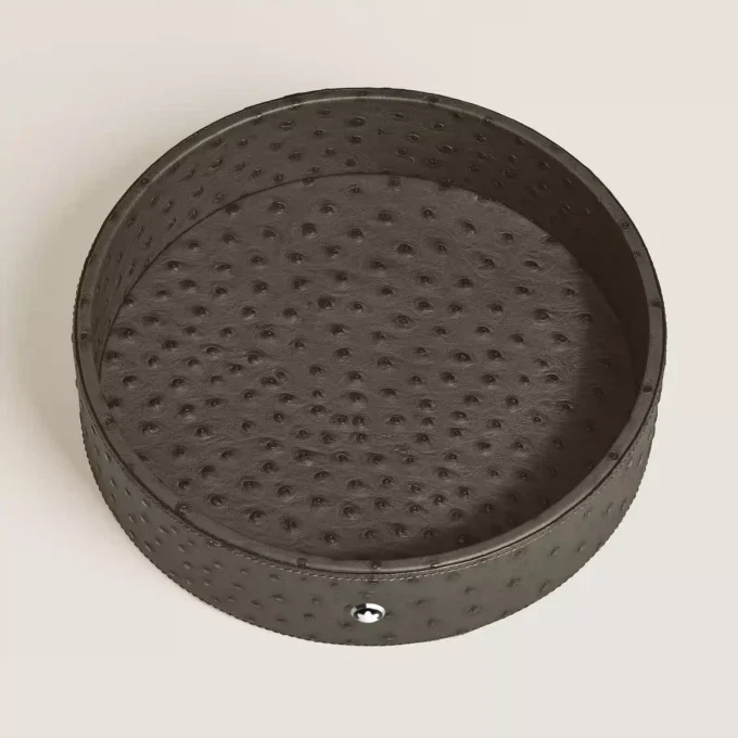 Large Round Desk Tray in Ostrich-Embossed Leather
