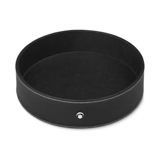 Round desk tray in black leather (Large)