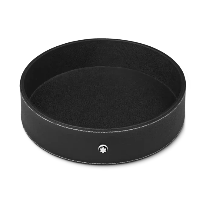 Round desk tray in black leather (Large)