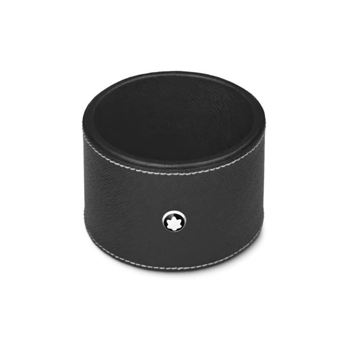 Round desk tray in black leather (Medium)