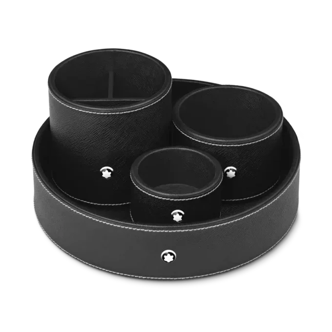 Round desk tray in black leather (Small)