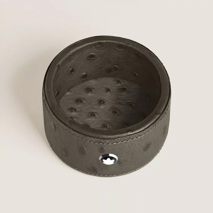 Small Round Desk Tray in Ostrich-Embossed Leather